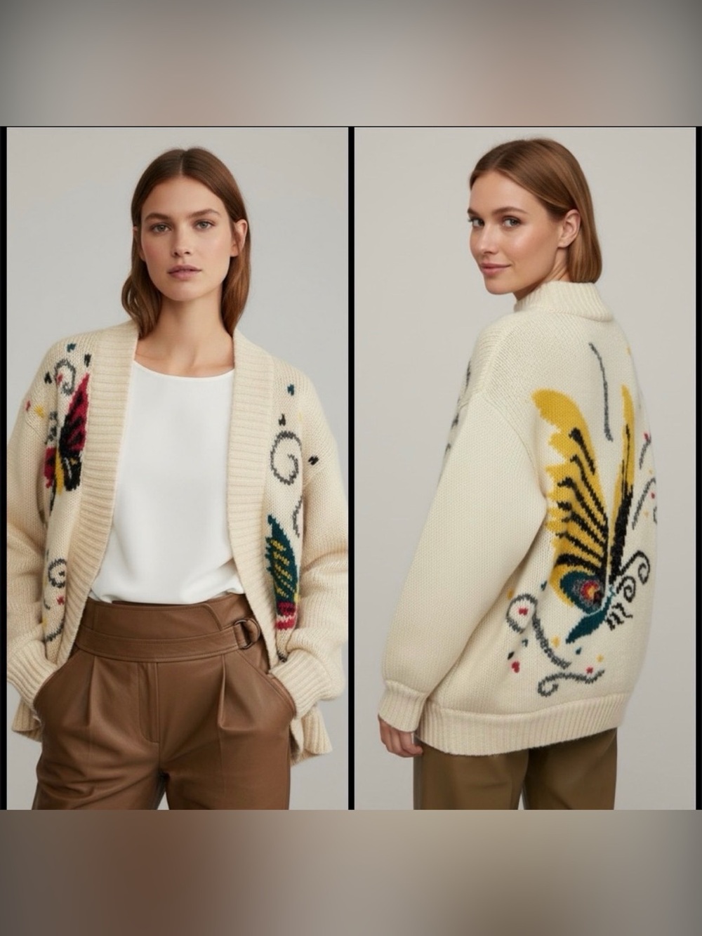 Vtg RARE UNO & UNA Butterfly Knit Cardigan Sweater Cream Wool Blend